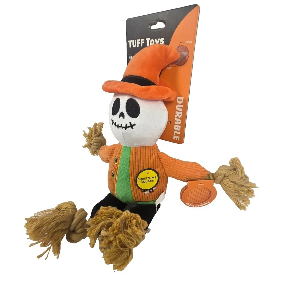 TUFF Toys Halloween Scarecrow Dog Toy 14 Inch Squeaky Durable Rope Plush Orange